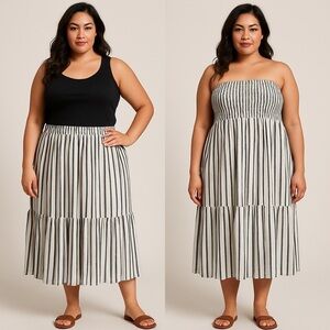 B2544- TS Convertible Smocked Skirt Dress Riviera Stripe Silver 3X (24W–26W) NWT